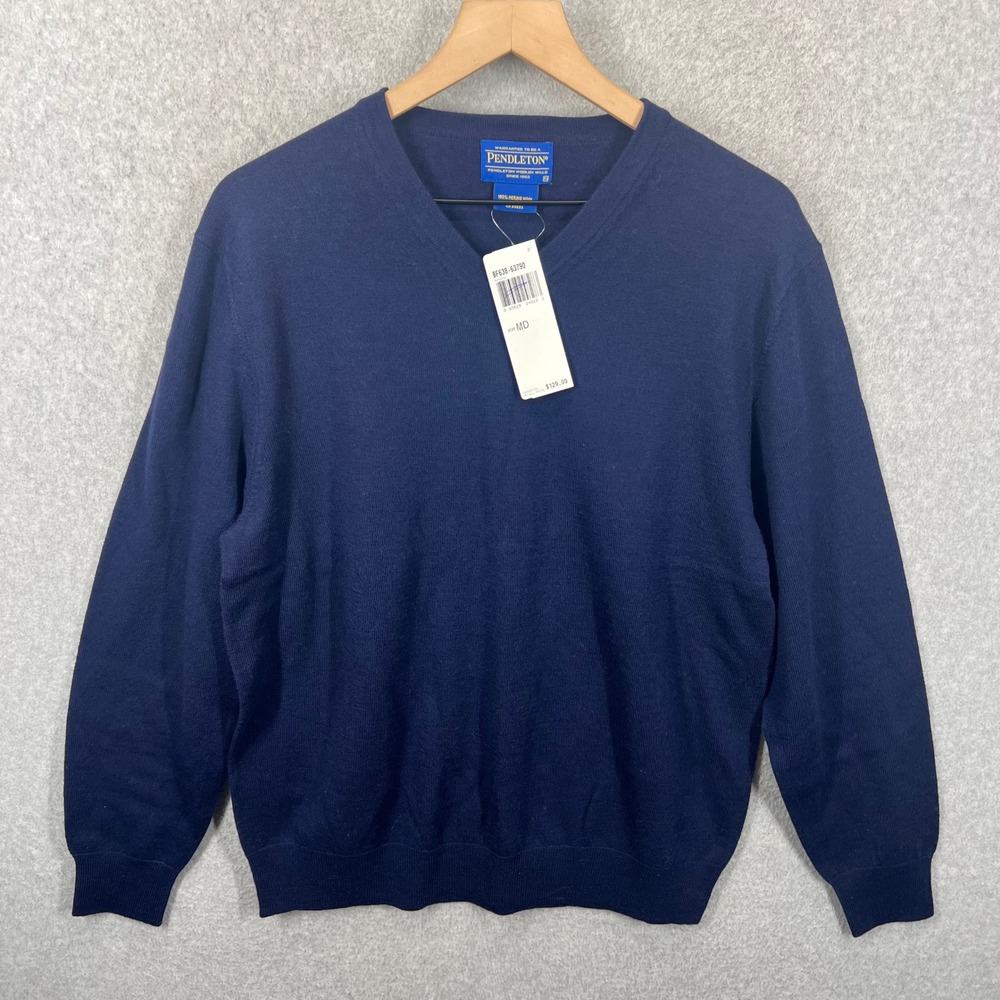 Pendleton V-Neck Sweater Mens Size MD Navy Blue 100% Merino Wool NWT